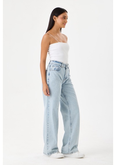 Lyvens Kadın Buz Mavi Palazzo Jean Yüksek Bel Geniş Paça Denim