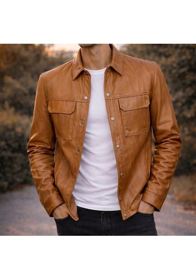Viamod Leather Erkek Kahvehakiki Deri Gömlek Ceket Çift Cepli Modern Tasarım 19060 Açık Kahverengi