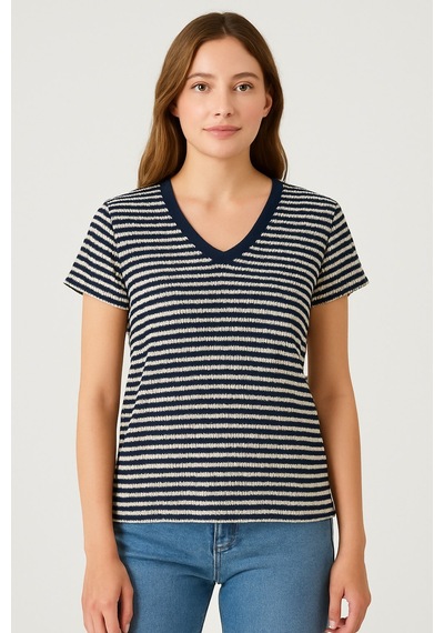 Kadın Lacivert Beyaz Çizgili V Yaka Kısa Kollu Örme T-shirt, Bluz Lacivert