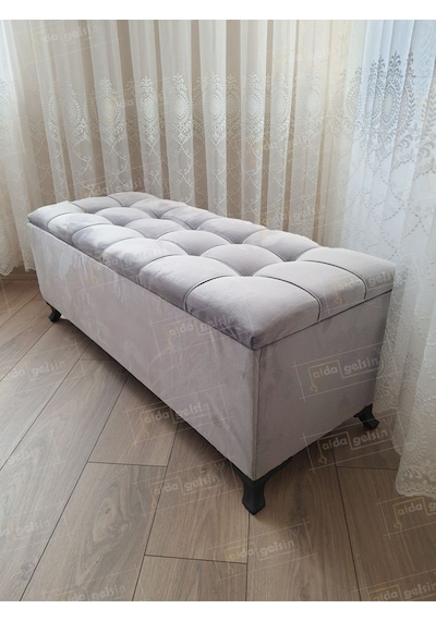 Çizgi Kapitoneli Sandıklı Puf 100 Cm Siyah Ayak Gri