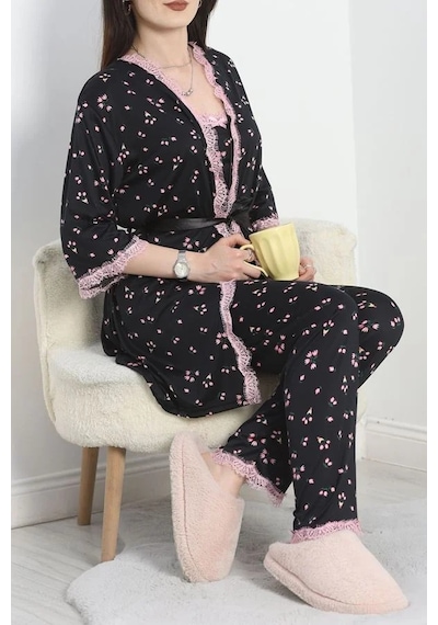 Seka Store Seka Milan Kumaş Üçlü Pijama Takımı Siyahçiçekli - 50147.1857. Çok Renkli
