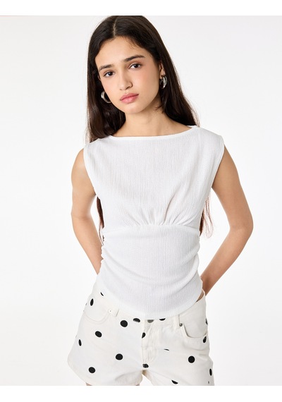 Koton Büzgülü Kayık Yaka Slim Fit Bürümcük Kolsuz Bluz Ekru 6sal30170ık