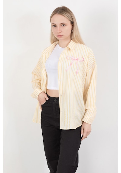 Giysa Kadın Fiyonk Baskılı Oversize Çizgili Gömlek Sarı Beyaz - 71567 Sarı