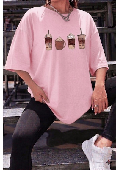 Coffee Lover Baskılı Unisex Oversize T-shirt - Büyük Beden Seçenekli Pembe