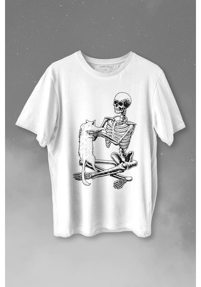 İskelet Ölünceye Kadar Kedi Seveceğim Skeleton Cat Love Baskılı Tişört Unisex T-shirt 001