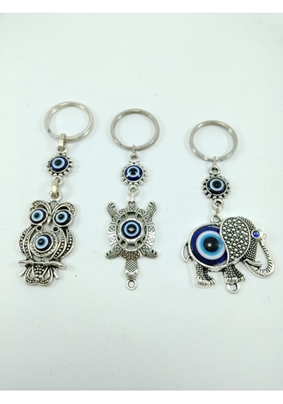 Üçlü Metal Nazar Boncuklu Baykuş/ Kaplumbağa / Fil Anahtarlık Set
