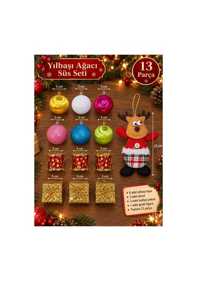 Yeni Yıla Özel 13 Parça Yılbaşı Ağacı Süsü Geyik Figürlü Noel Peluş Ve Yılbaşı Aksesuar Süsleme Seti Diğer