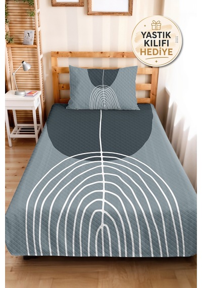Mavi Geometrik Modern Genç Odası Tek Kişilik Pike Takımı - Antrasit 160x220 Cm Kapitone Yatak Örtüsü Keten Ufuk Harmonu