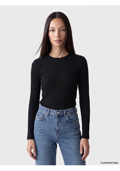 Lcw Everyday Siyah Fitilli Bisiklet Yaka Uzun Kollu Kadın Body