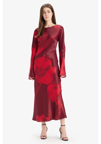 DeFacto Bisiklet Yaka Batik Saten Uzun Kollu Maxi Abiye Elbise E7451AX25SPRD211