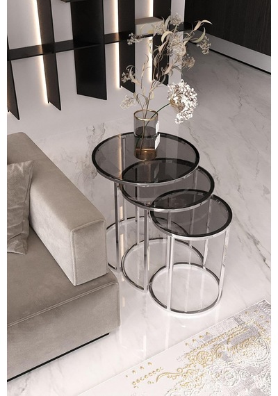 Usta Gümüş Metal Füme Cam 3 Lü Zigon Sehpa Gümüş-füme Çok Renkli