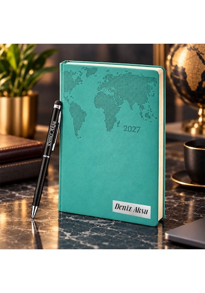 Bk Gift Kişiye Özel 378 Termo Deri Tarihli Ajanda & Siyah Touch Pen Tükenmez Kalem-17 Turkuaz
