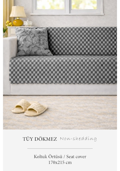 Aron Kürklü Koltuk Örtüsü 170x215 Cm Yumuşak Peluş Lüks Kaymaz Taban Kanepe Örtüsü Gri Antrasit
