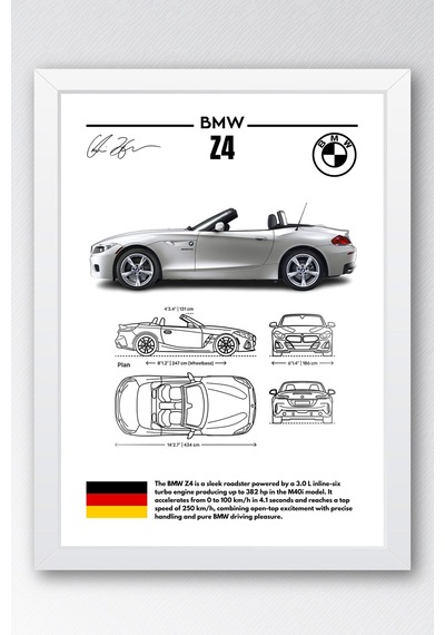 Bmw Z4 Tablo - Teknik Özellikli Alman Roadster Poster - Çerçeveli Duvar Dekoru - Araba Blueprint Beyaz