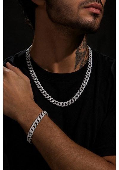 Erkek Taşlı Cuban Chain Bileklik Ve Kolye Set Zirkon Taşlı Hip Hop Rapçi Stil Paslanmaz Çelik Bileklik Kolye Gri