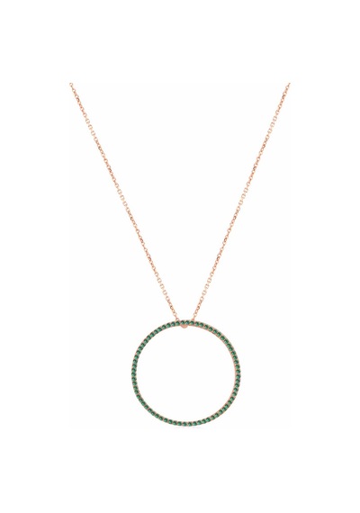 Yeşil Taşlı Pırlanta Montür Rose Altın Kaplama 32 Mm Halka Gümüş Kolye Gold - Rose Gold - Gümüş