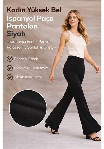 Pantofit Kadın Yüksek Bel İspanyol Paça Pantolon Toparlayıcı Esnek Penye Siyah