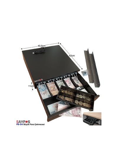Montaj Askılı Slip Gözlü 5 Kağıt Para Bölmeli Anahtarlı Pos Bağlantılı Para Çekmecesi 40,5x42x11cm