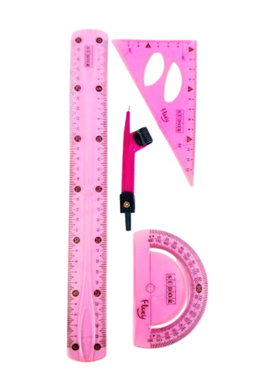 30 Cm Esnek Kırılmaz Cetvel Takımı 4 Lü Set Cetvel,pergel,açıölçer Ve Pergelli Set - Pembe Pembe