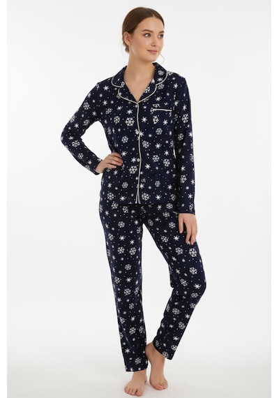 Luxury Soft Lacivert Kar Tanesi Desenli Uzun Kollu Kadın Pijama Takımı 3059 Lacivert