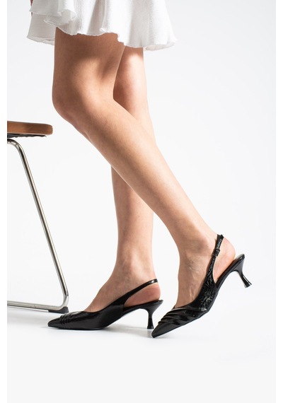 Dabab Shoes Zeyny Kadın Siyah Sivri Burun Slingback 6 Cm İnce Topuk Ön Pile Detaylı Parlak Rugan Ayakkabı