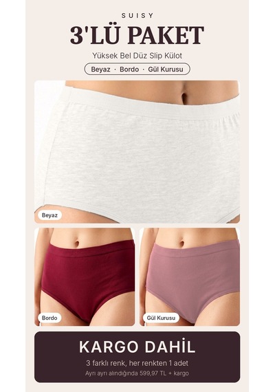 Suısy Yüksek Bel Düz Slip Külot 3'lü Paket Siyah - Bordo - Gül Kurusu Çok Renkli