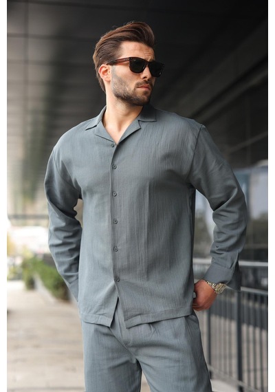 Madmext Füme Düğmeli Basic Erkek Gömlek Pantolon Takım E7335 Füme