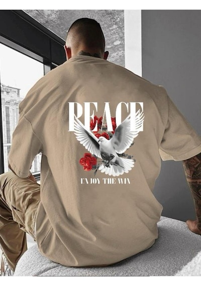 Peace Baskılı Oversize Tişört Bej