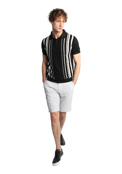 İgs Siyah Slim Fit Dar Kalıp Düğmeli Polo Yaka Desenli Kısa Kollu Triko Tişört-16315