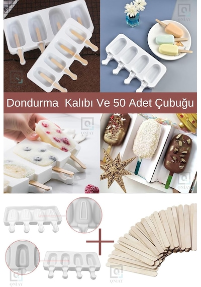 Qniay Silikon Dondurma Magnum Kalıbı Ve 50 Adet Dondurma Çubuğu Pratik Dondurma Silikon Kalıbı Diğer