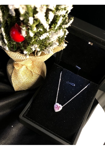 Vog Swarovski Taşlı S Model Kalp Taş Detay 925 Ayar Kolye Gümüş - Pembe