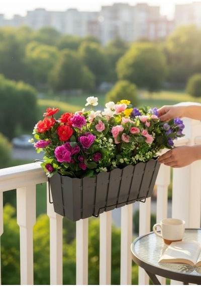 Yapay Çiçek Antrasit Balkon Saksıda Küpeşte Askılı Açelya Çiçeği Karışık Renkli Çiçek Sepeti 50cm Siyah