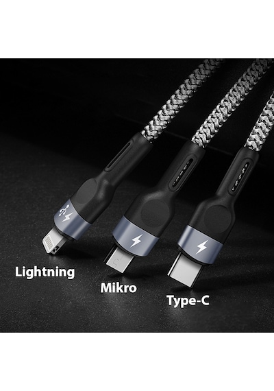 Duzzona A3 3in1 Type-C + Lightning + Micro USB Hızlı Şarj Kablosu