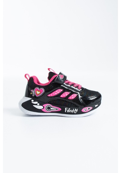 Polomia Comfort Luvy Kız Çocuk Siyah Pembe Kalp Figürlü Cırtlı Kreş Ve Anaokulu Spor Ayakkabı