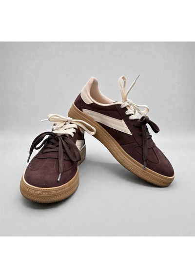Çift Renkli İki Bağcıklı Kadın Spor Ayakkabısı Retro Sneaker - Kahverengi Kahverengi
