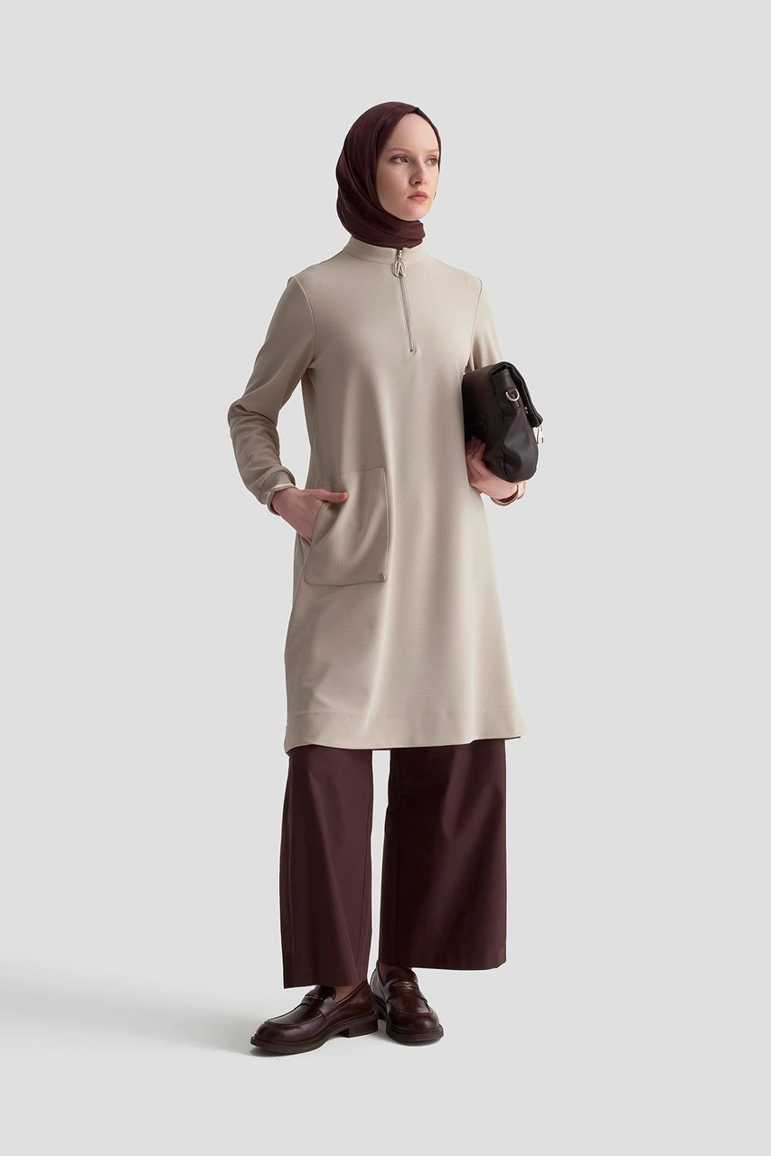 Armine Trend Kolları Ribanalı Yarım Fermuarlı Tunik Bej 25kt443 Bej