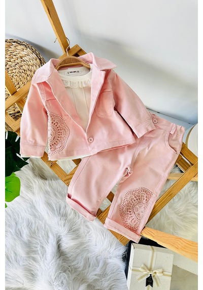Miniğimin Cicileri Çiçek Dantel Detaylı 3 Lü Pamuklu Kız Bebe... Pembe