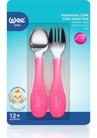 Wee Baby Paslanmaz Çelik Kaşık Çatal Seti Pembe