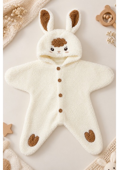 Beniizle 0-6 Ay Kuzu Desenli Peluş Bebek Tulum Kapüşonlu Welsoft Tulum Ekru