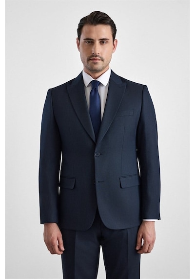 Süvari Lacivert Slim Sivri Yaka Kazayağı Armürlü Kapaklı Cep Standart 6 Drop Takım Elbise Tk1020000349-m09
