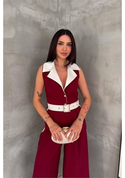 Neşeli Butik Kadın Bordo Çift Renkli Kemerli Şerit Detaylı Tam Boy Kolsuz Tulum Nbk087
