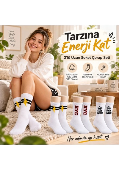 Bezos Kadın Spor Çorap Beyaz Yazılı 3'lü Set Uzun Soket Pamuklu Dikişsiz Nefes Alan Spor Konforlu Çoraplar Nxrlvng