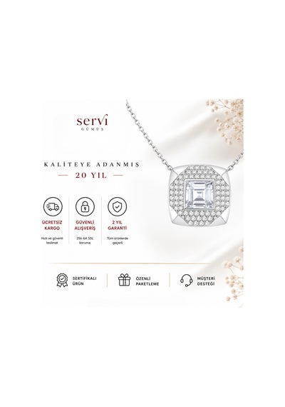 Servi 925 Ayar Gümüş Kare Baget Taşlı Pavé Kolye-328