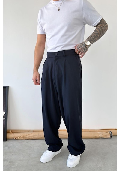Lacivert Pileli Baggy Kumaş Pantolon