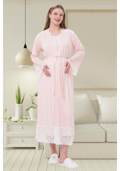 Mecit Pijama Mecit 6204 Bayan Pembe Hamile Lohusa Sabahlık Gecelik Takım