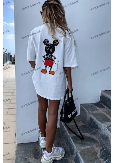 Tarzsokak Kadın Beyaz Sırt Baskılı Mickey Mouse Beyaz