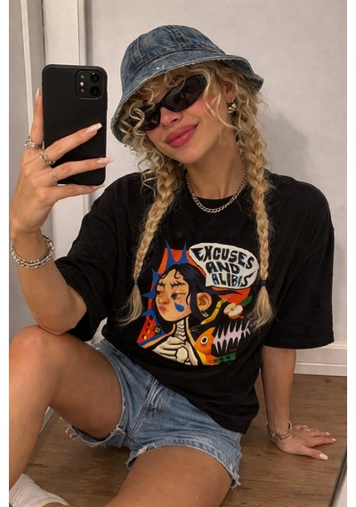 Yolo Street Oversize Siyah Grafik Baskılı Tişört %100 Pamuk Streetwear Unisex Anime Vintage Tasarım T-shirt Siyah1