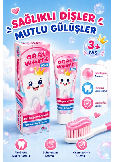 Oral White Kids Çocuk Diş Macunu 3+ Yaş Bubblegum Aromalı Florürsüz Doğal Formül 50 Ml Tam Koruma