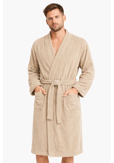 Kimono Yaka Unisex Pamuklu Tek Kişilik Bornoz Bej Renkli