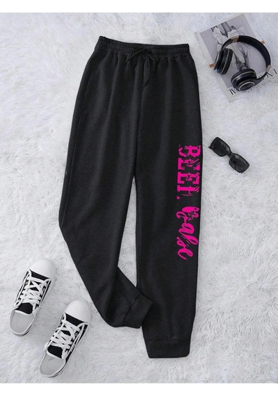 Letter Graphic Drawstring Waist 4 Mevsim Eşofman Siyah